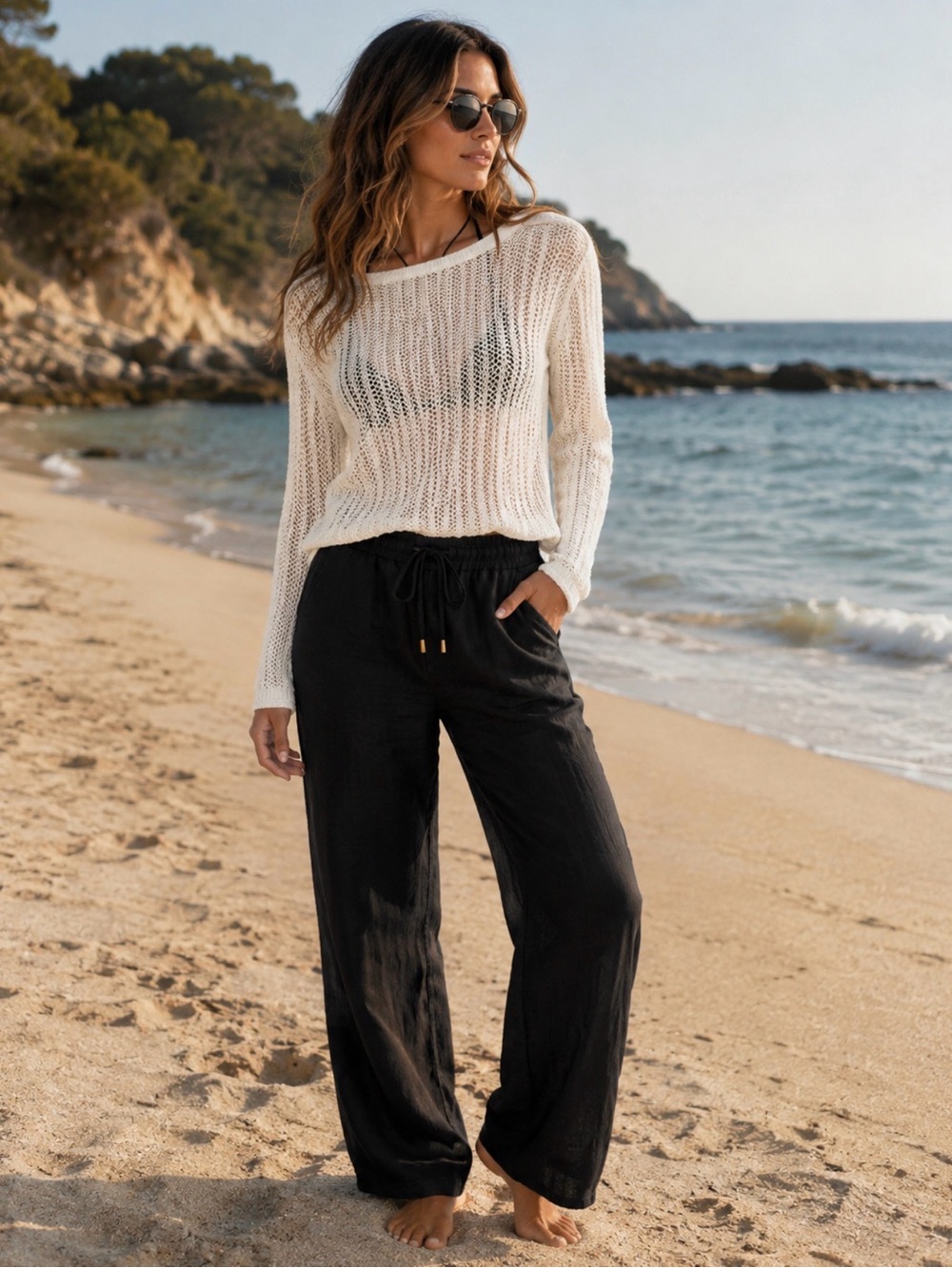 Talbots Cotton Blend White Open-Knit Scoop Neck Sweater